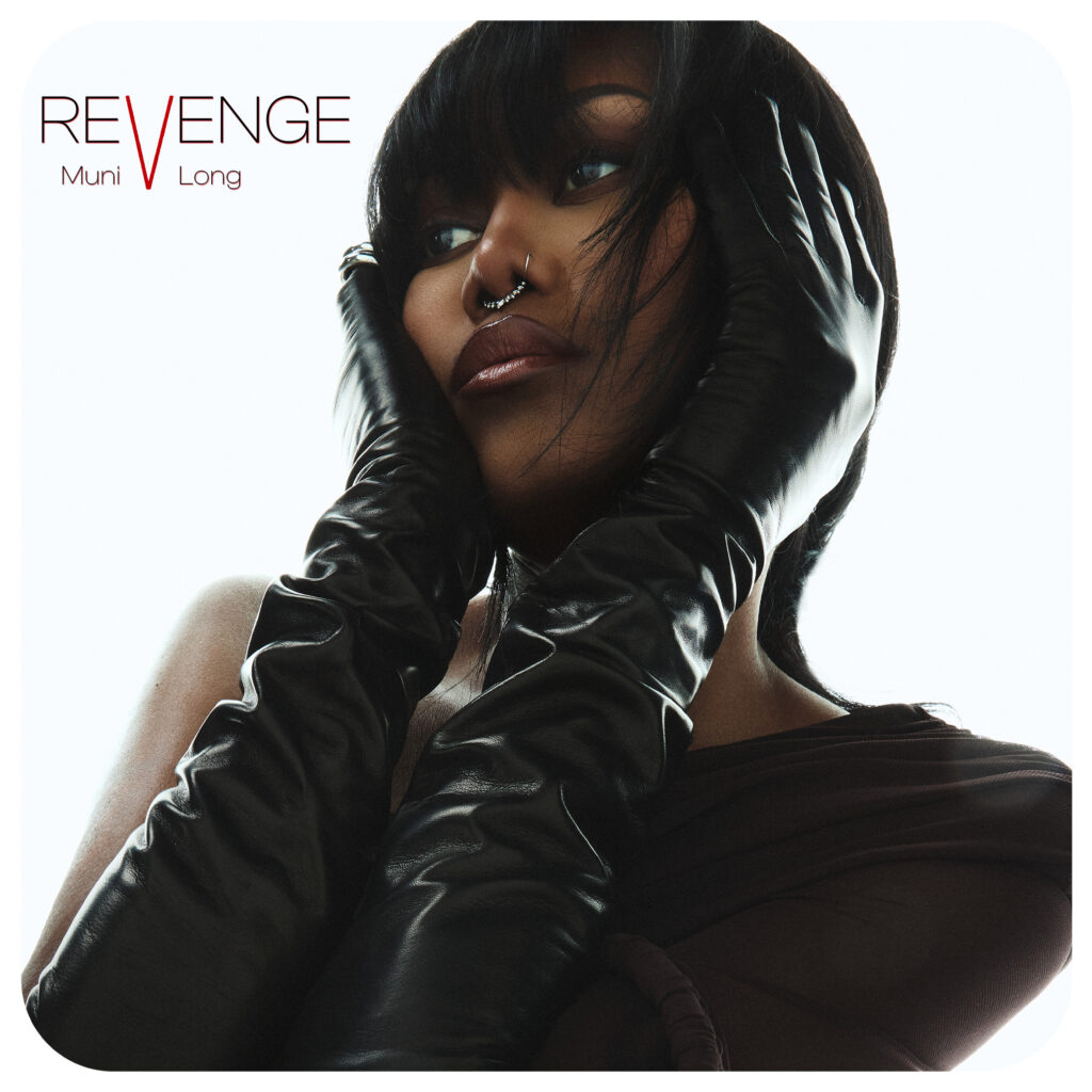 Muni Long's 'Revenge' album cover featuring a close-up of her wearing long black gloves and looking confidently to the side.